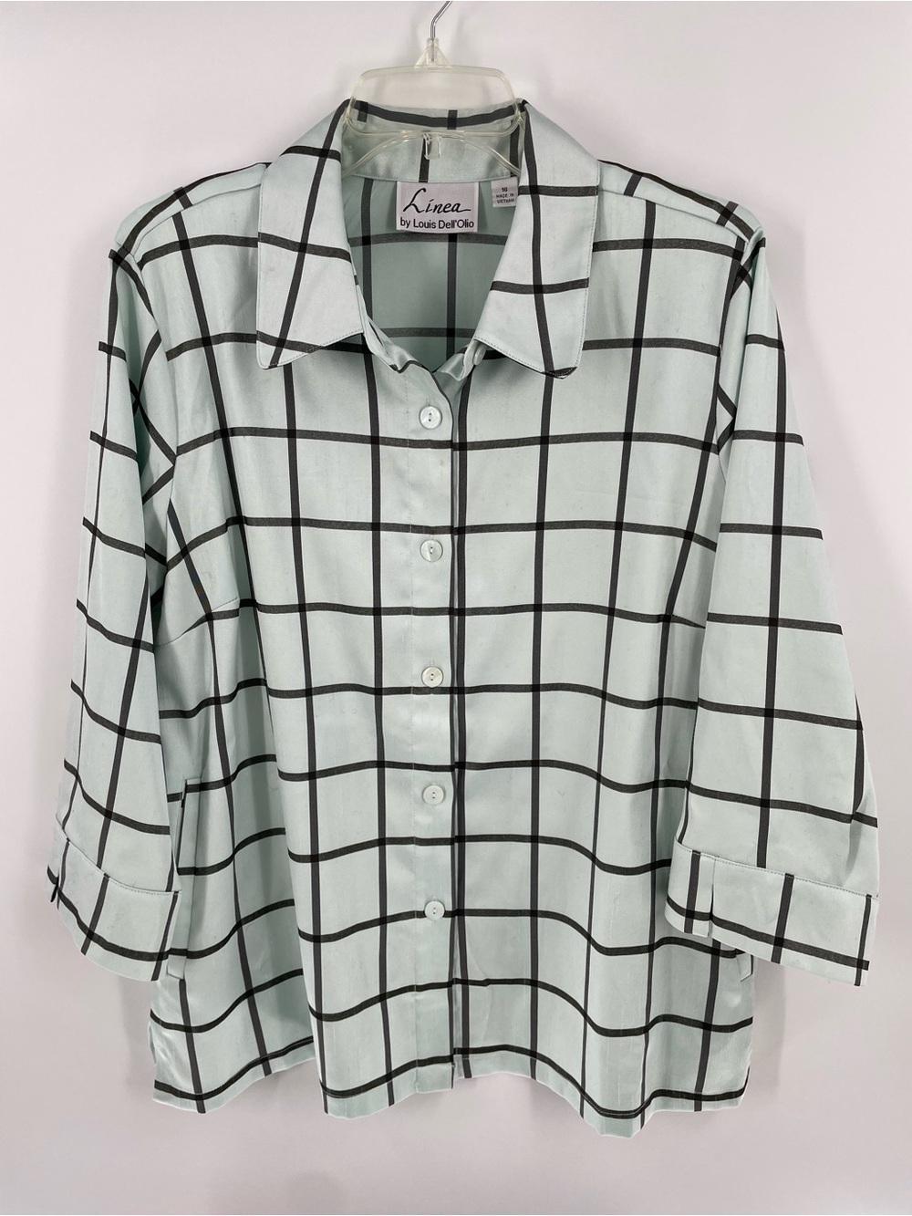 Linea by Louis Dell'Olio Light Aqua Black Windowpane 3/4 Sleeve Blouse Work Wear